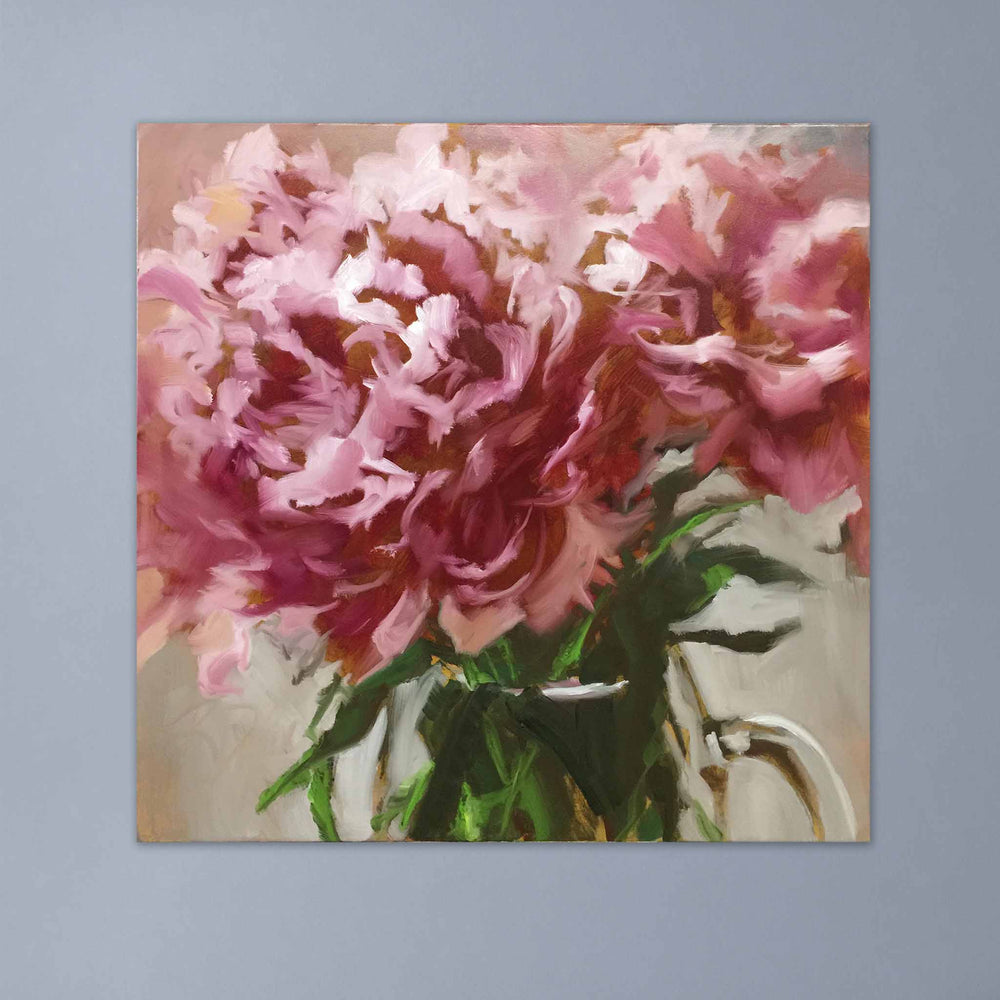 
                  
                    Load image into Gallery viewer, “Blushing Peonies″original painting by Roxanne Dyer, 30&amp;quot; x 30&amp;quot;, oil on canvas. Deep pink and magenta peonies with green foliage sit against a  reflective neutral ground; dramatic but soft take on a classic idea.  For sale.
                  
                