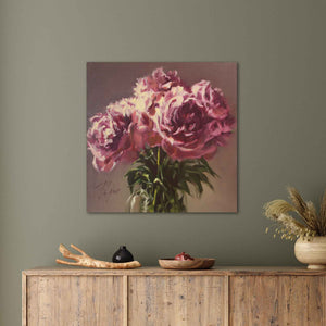 
                  
                    Load image into Gallery viewer, Crimson Peonies painting, 24&amp;quot; x 24&amp;quot;, oil on canvas by Roxanne Dyer, room view 2. Deeply pigmented magenta peonies, dramatic high lights in a glass pitcher and verdant foliage against a neutral ground. Intense and stagey  blooms, soft take, classic idea.  For sale. 
                  
                