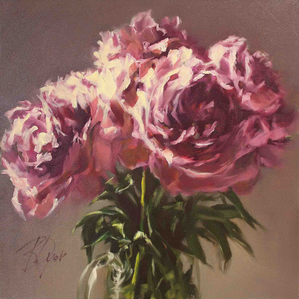 Crimson Peonies painting, 24" x 24", oil on canvas by Roxanne Dyer. Deeply pigmented magenta peonies, dramatic high lights in a glass pitcher and verdant foliage against a neutral ground. Intense and stagey  blooms, soft take, classic idea.  For sale. 
