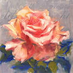A Valentine Rose Oil Painting by artist Roxanne Dyer oil sketch, 10" x 10" oil on canvas board, A luscious peach and coral rose with bluish leaves sits against heavy grey texture, words from Lord Byron's poem float through the stormy background.