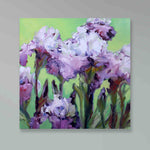 Purple Irises on green background original oil painting 24" x 24" by artist Roxanne Dyer  