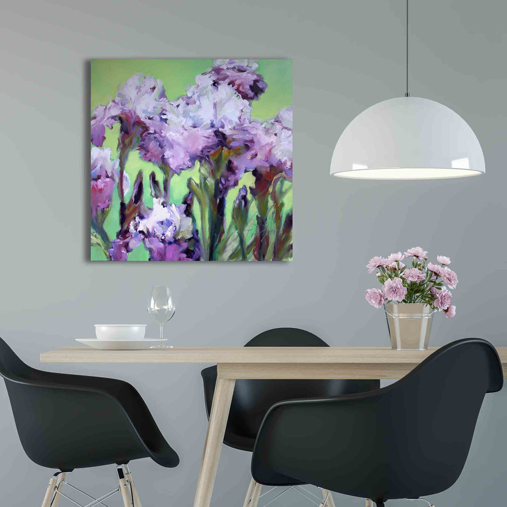 Purple Irises on green background original oil painting by artist Roxanne Dyer
