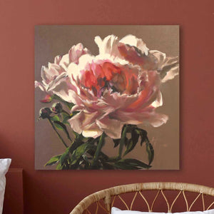
                  
                    Charger l&amp;#39;image dans la galerie, Mysterious Peonies original painting by Roxanne Dyer, 24&amp;quot; x 24&amp;quot;, oil on canvas, chocolaty pigmented peonies with dramatic contrasting lights and deep translucent foliage is silhouetted against a neutral ground, unexpected palette, cachet is stagey but soft. For sale.
                  
                