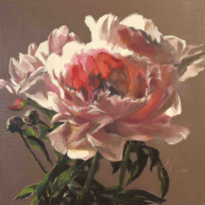
                  
                    Charger l&amp;#39;image dans la galerie, Mysterious Peonies original painting by Roxanne Dyer, 24&amp;quot; x 24&amp;quot;, oil on canvas chocolaty pigmented peonies with dramatic contrasting lights and deep translucent foliage is silhouetted against a neutral ground, unexpected palette, cachet is stagey but soft. For sale.
                  
                