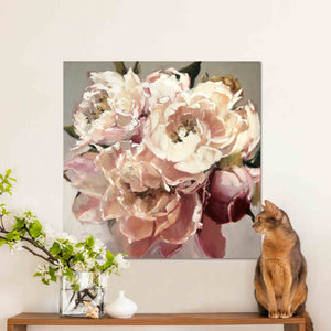 
                  
                    Load image into Gallery viewer, Soft, Pale Pink Peonies painting, 24&amp;quot;L x 24&amp;quot;W, oil on canvas artwork by Roxanne Dyer, room view. Elegant pink and cream peonies, subtle magenta accents, neutral ground, large blooms, delightfully modern take on a classic idea.  
                  
                