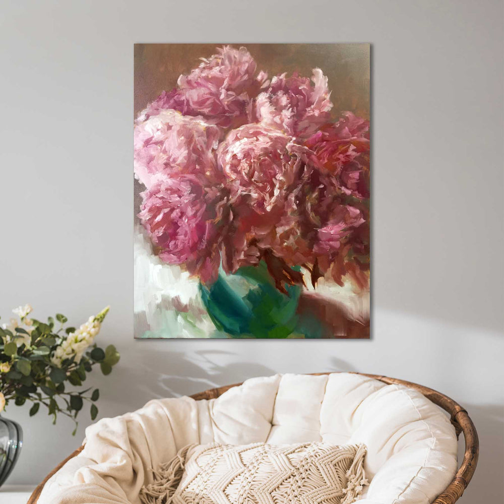 Peonies in Green Vase floral painting by Roxanne Dyer, oil on canvas artwork, 30″ x 24″, room view, deep pink peonies sit in a green vase with elegant neutrals and dramatic white and creamy accents. For sale.