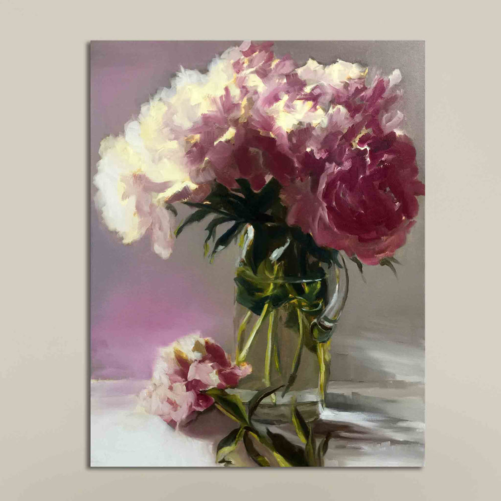Peonies in a Glass Pitcher delightful floral painting by Roxanne Dyer, artwork of stormy pinks and elegant neutrals with dramatic white and creamy tints, oil on canvas 30″ x 24″ Private collection, not for sale. Drama with soft fluffy-ness. Prints available soon.