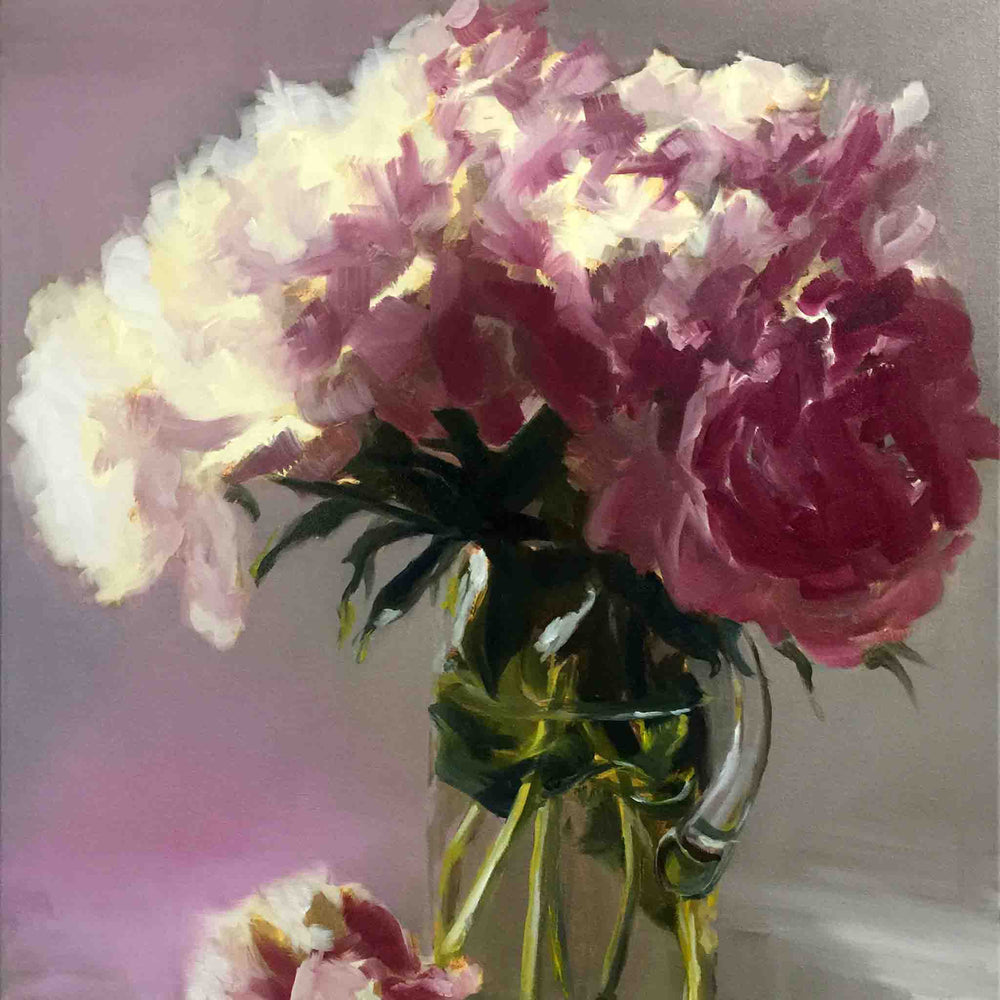 
                  
                    Load image into Gallery viewer, Peonies in a Glass Pitcher delightful floral painting (detail) by Roxanne Dyer, artwork of stormy pinks and elegant neutrals with dramatic white and creamy tints, oil on canvas 30″ x 24″ Private collection, not for sale. Drama with soft fluffy-ness. Prints available soon.
                  
                