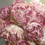 Peony Bouquet painting by Roxanne Dyer, oil on canvas artwork, 24″ x 24″.  A luxuriant cluster of peony flowers, complex pinks with creamy tints on an elegant neutral background. For sale.