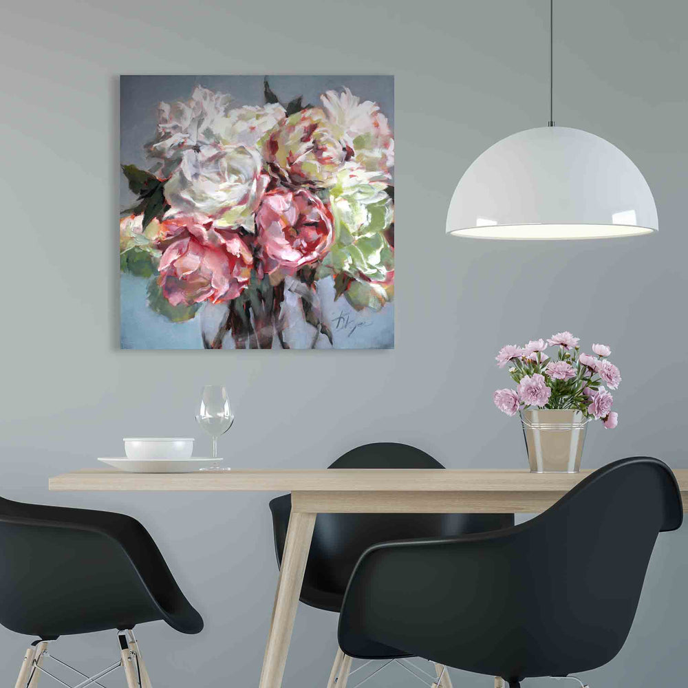 Peony Impressions 2 Room View  floral painting by Roxanne Dyer artwork oil on canvas, 24″ x 24″, luscious pink, white and yellow peonies against a rich grey background. For sale, Prints available.