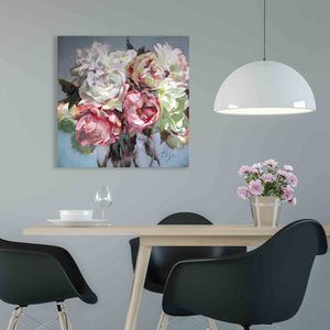 
                  
                    Charger l&amp;#39;image dans la galerie, Peony Impressions 2 Room View  floral painting by Roxanne Dyer artwork oil on canvas, 24″ x 24″, luscious pink, white and yellow peonies against a rich grey background. For sale, Prints available.
                  
                
