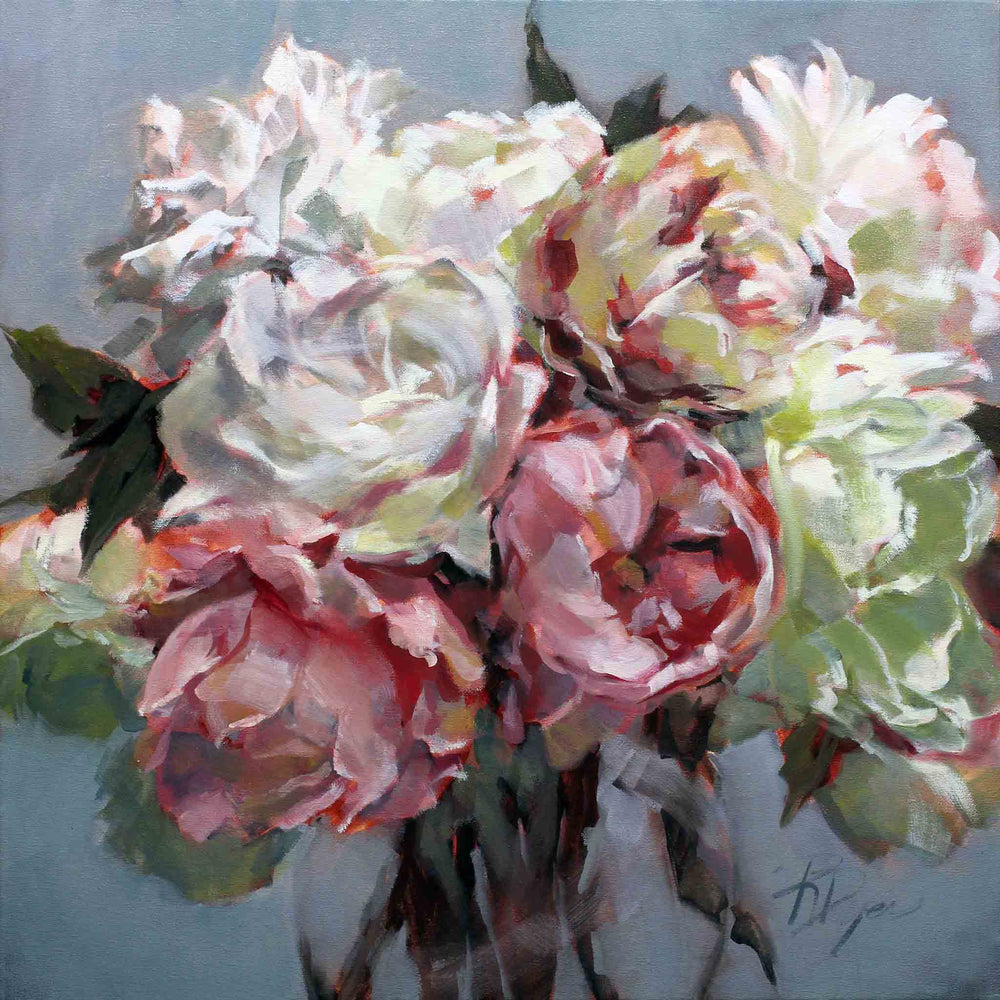 Peony Impressions 2 floral painting by Roxanne Dyer artwork oil on canvas, 24″ x 24″, luscious pink, white and yellow peonies against a rich grey background. For sale, Prints available.