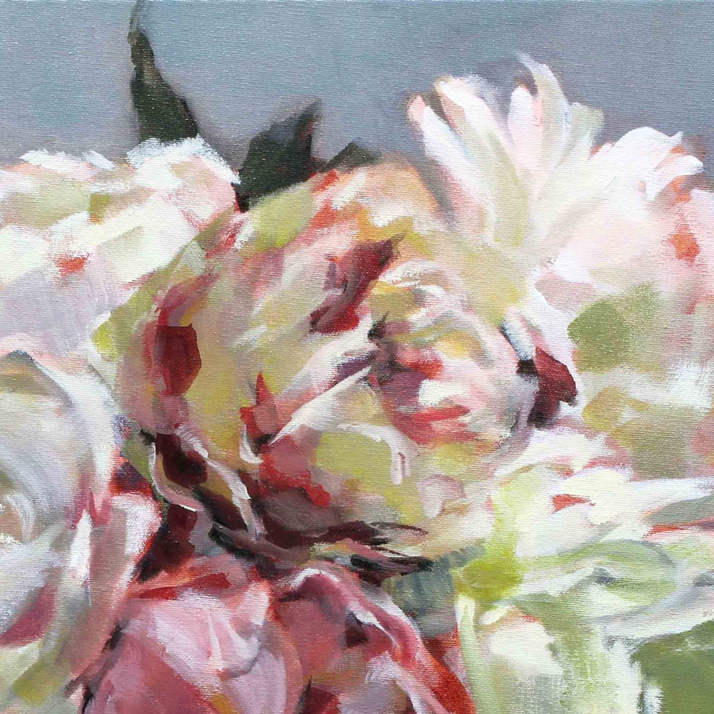 
                  
                    Load image into Gallery viewer, Peony Impressions 2 floral painting by Roxanne Dyer artwork oil on canvas, 24″ x 24″, luscious pink, white and yellow peonies against a rich grey background. For sale, Prints available.
                  
                