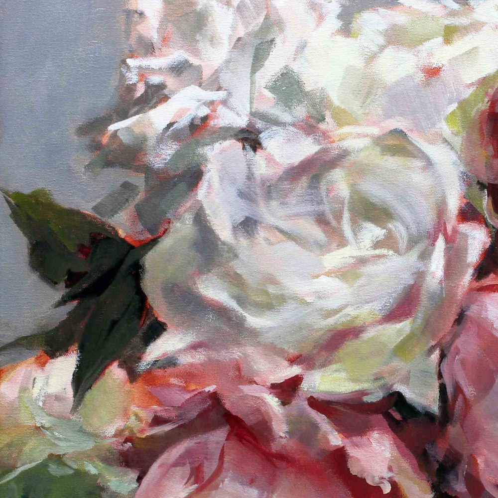 
                  
                    Charger l&amp;#39;image dans la galerie, Peony Impressions 2 floral painting by Roxanne Dyer artwork oil on canvas, 24″ x 24″, luscious pink, white and yellow peonies against a rich grey background. For sale, Prints available.
                  
                