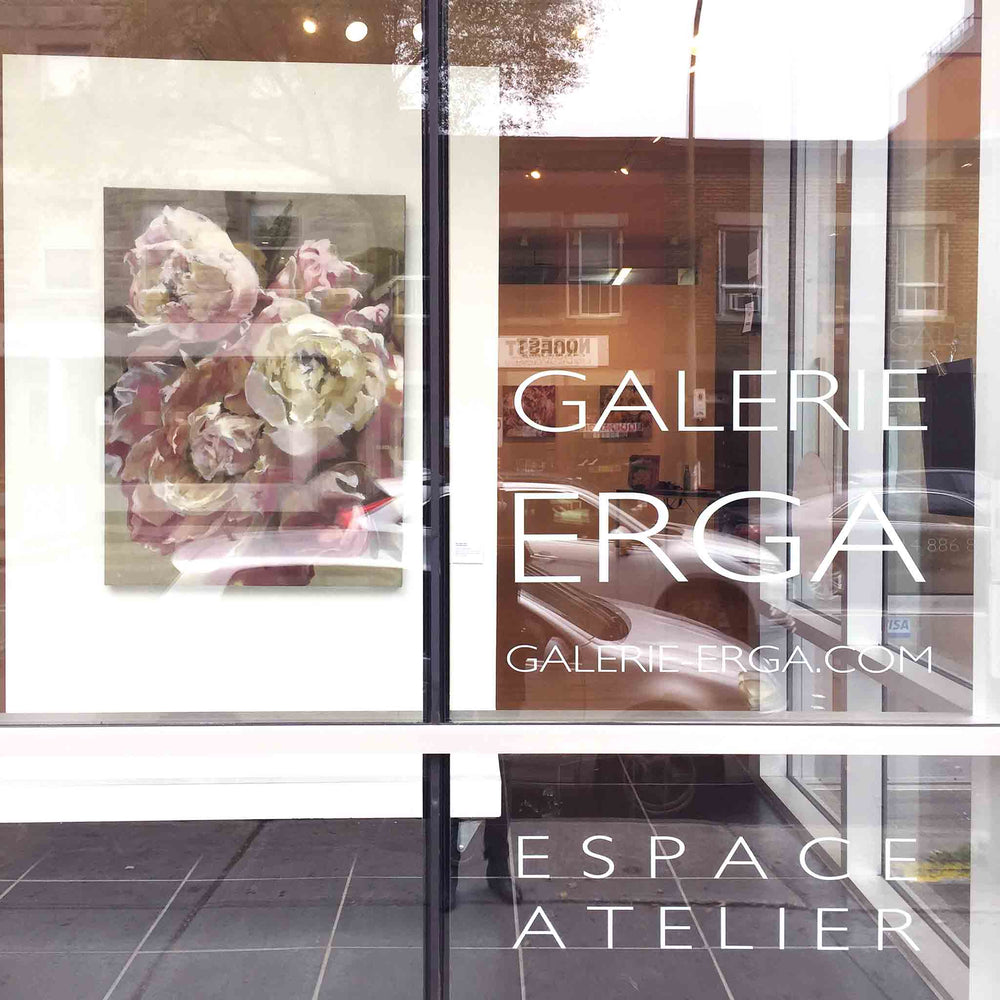 
                  
                    Charger l&amp;#39;image dans la galerie, Lovely floral painting featuring large pink peonies against a sage green ground, oil on canvas, 48” x 36”, painted by artist Roxanne Dyer is displayed in the window of GalerieERGA, Montreal, Canada  for the Beauty for Ashes Art Exhibition, October 12th to 18th 2021. Modern, impressionistic style, the painting is for sale. 
                  
                