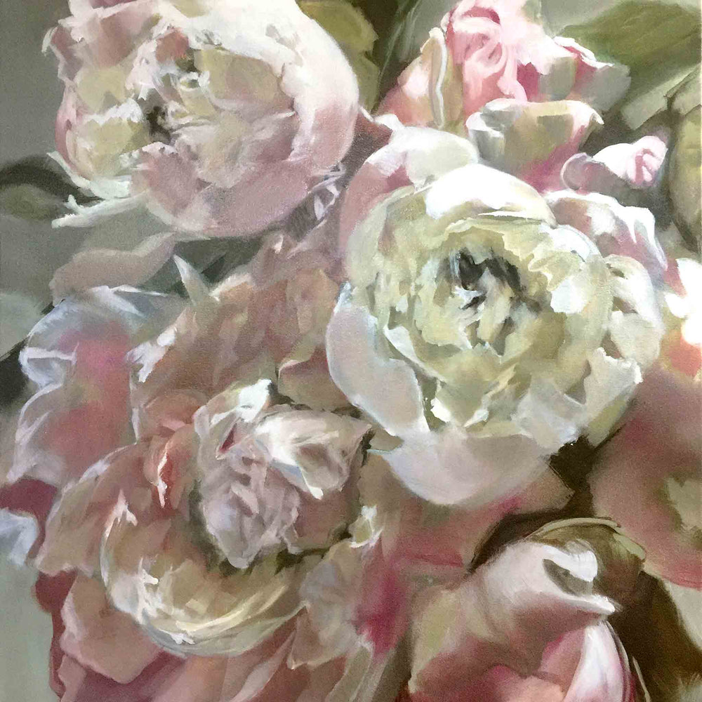 
                  
                    Load image into Gallery viewer, Pink Bouquet original painting, 36&amp;quot;w x 48”h, on a gallery stretcher 1 5/8&amp;quot;. Elegant pink and cream peonies, neutral ground,  luscious and serene. Enormous captivating blooms, modern take, classic idea.  For sale.
                  
                