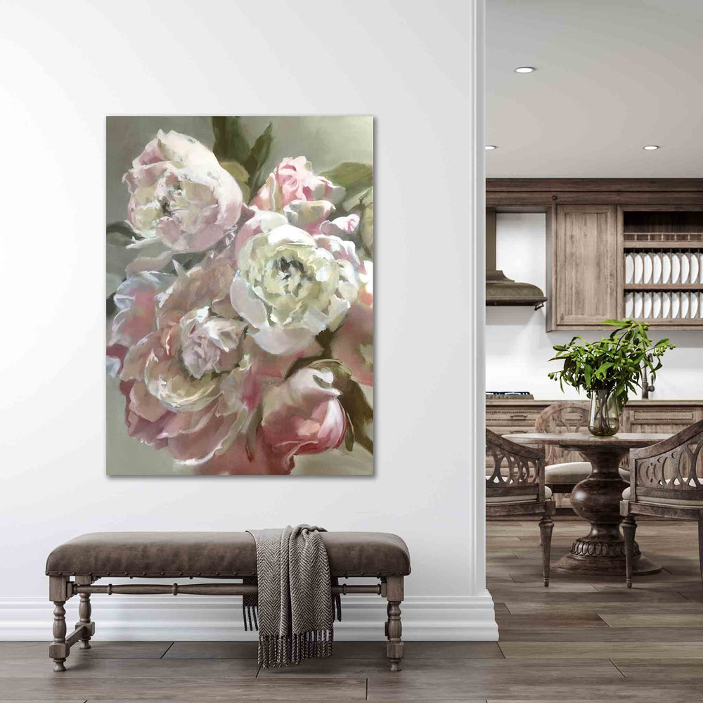 Pink Bouquet original painting, 36"w x 48”h, on a gallery stretcher 1 5/8". Elegant pink and cream peonies, neutral ground,  luscious and serene. Enormous captivating blooms, modern take, classic idea.  For sale.