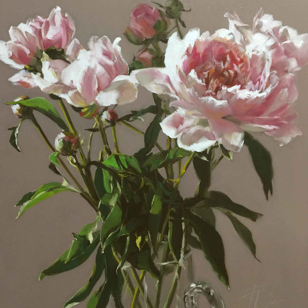 Pink Peonies in a Glass Pitcher. Elegant floral bouquet painting of soft peonies and buds in a glass pitcher, by Roxanne Dyer. Original oil painting on canvas, 30" x 24". SOLD. 