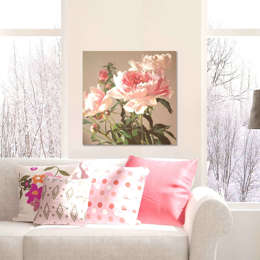 “Pink Peonies″ painting by artist Roxanne Dyer, 24"x 24”, oil on canvas, room view. Elegant pink peonies with rich green leafy shapes on a neutral ground, playful composition. Large blooms, modern take on a classic idea.  For sale.