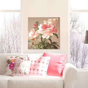 
                  
                    Load image into Gallery viewer, “Pink Peonies″ painting by artist Roxanne Dyer, 24&amp;quot;x 24”, oil on canvas, room view. Elegant pink peonies with rich green leafy shapes on a neutral ground, playful composition. Large blooms, modern take on a classic idea.  For sale.
                  
                