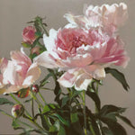 “Pink Peonies″ painting by artist Roxanne Dyer, 24"x 24”, oil on canvas. Elegant pink peonies with rich green leafy shapes on a neutral ground, playful composition. Large blooms, modern take on a classic idea. For sale.  Edit alt text