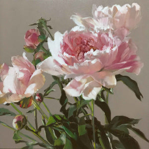 
                  
                    Load image into Gallery viewer, “Pink Peonies″ painting by artist Roxanne Dyer, 24&amp;quot;x 24”, oil on canvas. Elegant pink peonies with rich green leafy shapes on a neutral ground, playful composition. Large blooms, modern take on a classic idea. For sale.  Edit alt text
                  
                