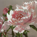 “Pink Peony″ painting by artist Roxanne Dyer, 24"x 24”, oil on canvas. Elegant pink peony with rich green leafy shapes on a neutral ground, playful composition. Large blooms, modern take on a classic idea. For sale.