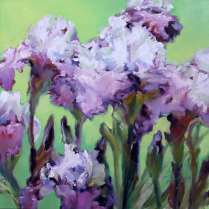 
                  
                    Load image into Gallery viewer, Purple Irises on green background original oil painting 24&amp;quot; x 24&amp;quot; by artist Roxanne Dyer 
                  
                