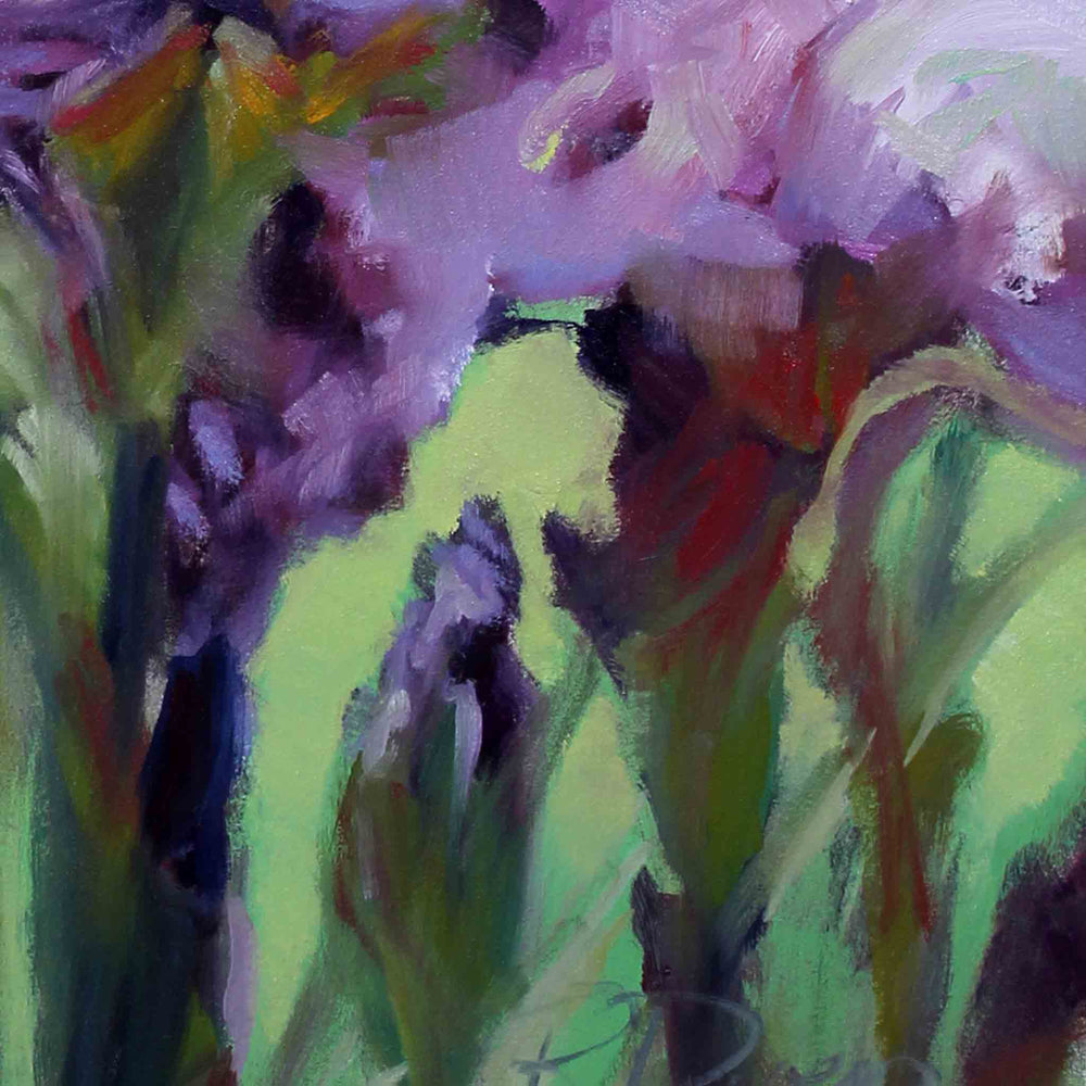 
                  
                    Load image into Gallery viewer, Purple Irises on green background original oil painting detail 24&amp;quot; x 24&amp;quot; by artist Roxanne Dyer 
                  
                