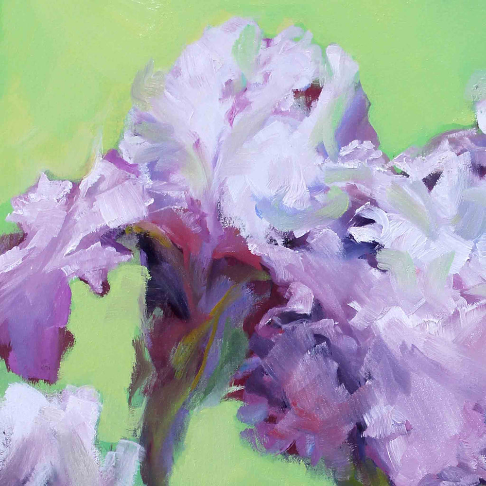 
                  
                    Load image into Gallery viewer, Purple Irises on green background detail original oil painting 24&amp;quot; x 24&amp;quot; by artist Roxanne Dyer 
                  
                