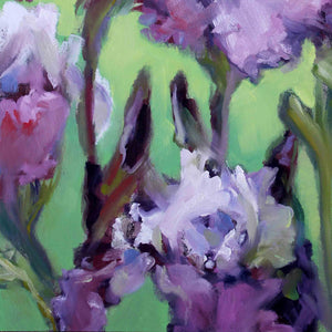 
                  
                    Load image into Gallery viewer, Purple Irises on green background original oil painting detail 3 24&amp;quot; x 24&amp;quot; by artist Roxanne Dyer 
                  
                