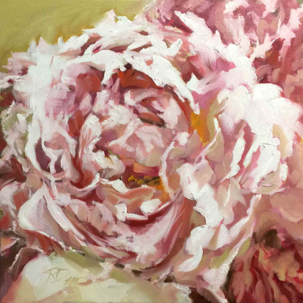 Single Peony 1 painting, oil on canvas, 24″ x 24″ artwork by Roxanne Dyer.  Lovely single pink peony of fresh pinks, yellows and creamy tints.  For sale.