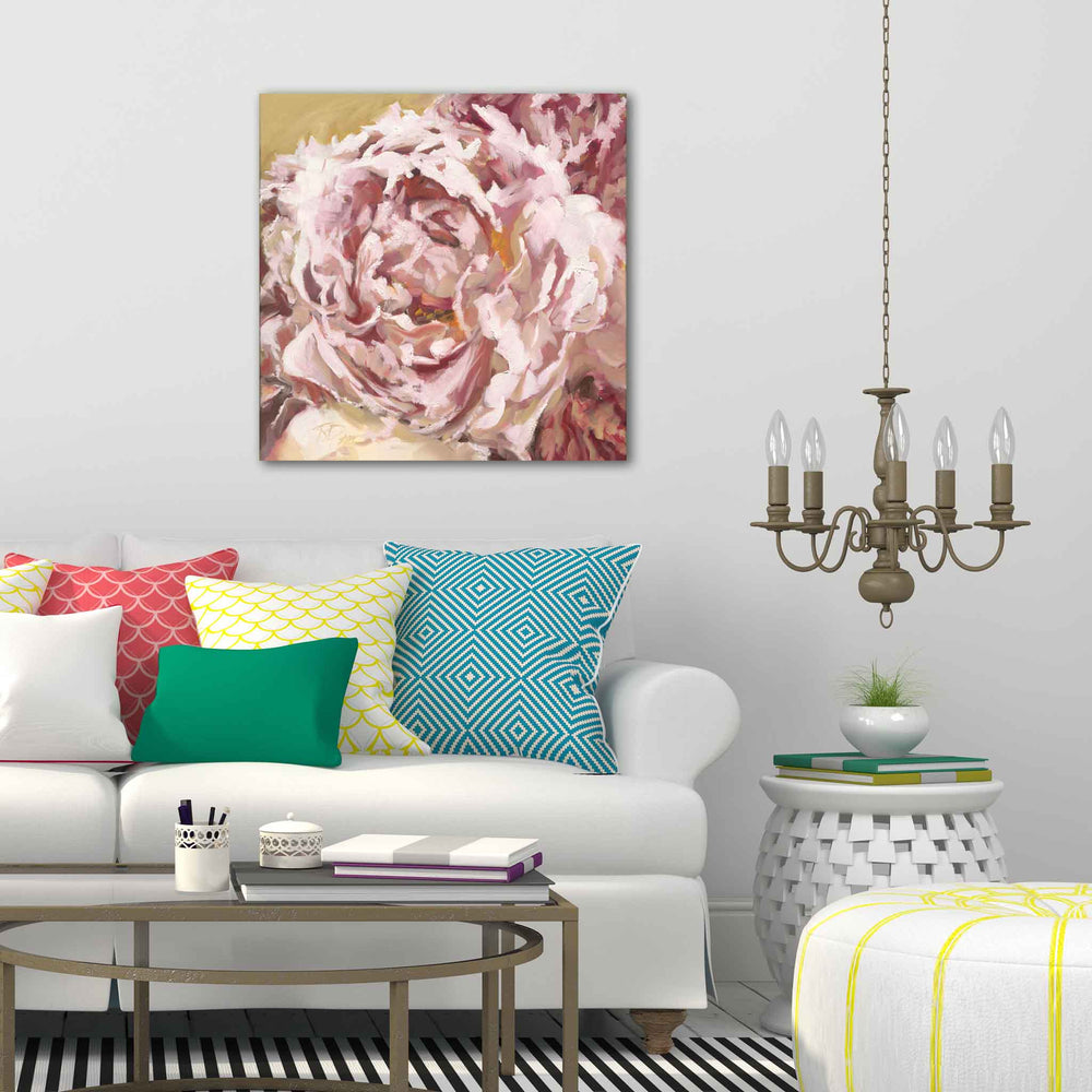 
                  
                    Load image into Gallery viewer, Single Peony 1 painting, oil on canvas, 24″ x 24″ Room view, artwork by Roxanne Dyer.  Lovely single pink peony of fresh pinks, yellows and creamy tints.  For sale.
                  
                