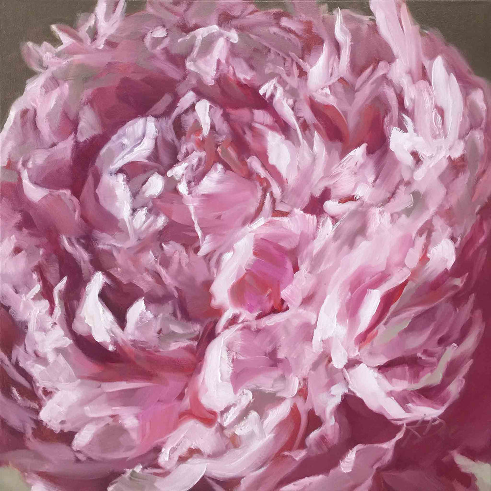 Single Peony 2 painting, oil on canvas, 24″ x 24″, artwork by Roxanne Dyer. Pink single peony, cool white tints, neutral background.  Very PINK painting! For Sale.