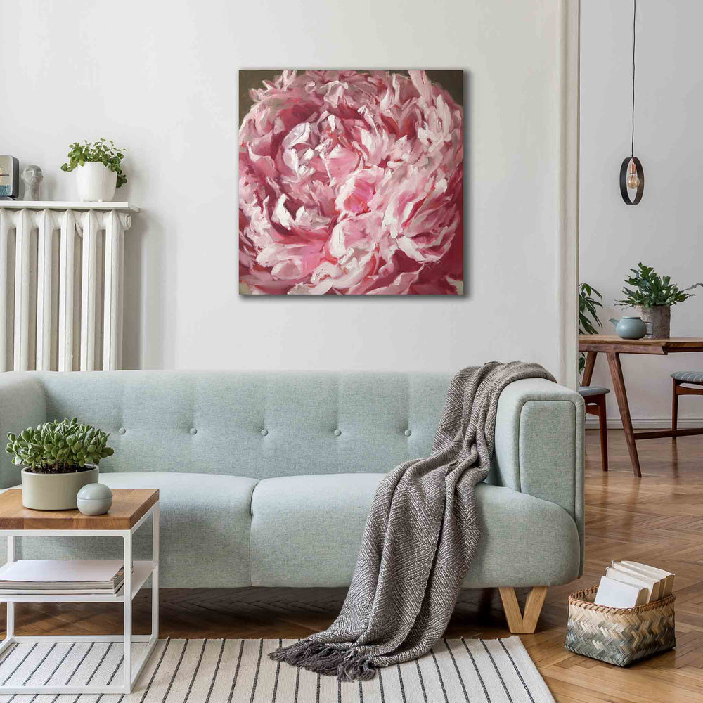 Single Peony 2 painting, oil on canvas, 24″ x 24″, room view, artwork by Roxanne Dyer. Pink single peony, cool white tints, neutral background.  Very PINK painting! For Sale.