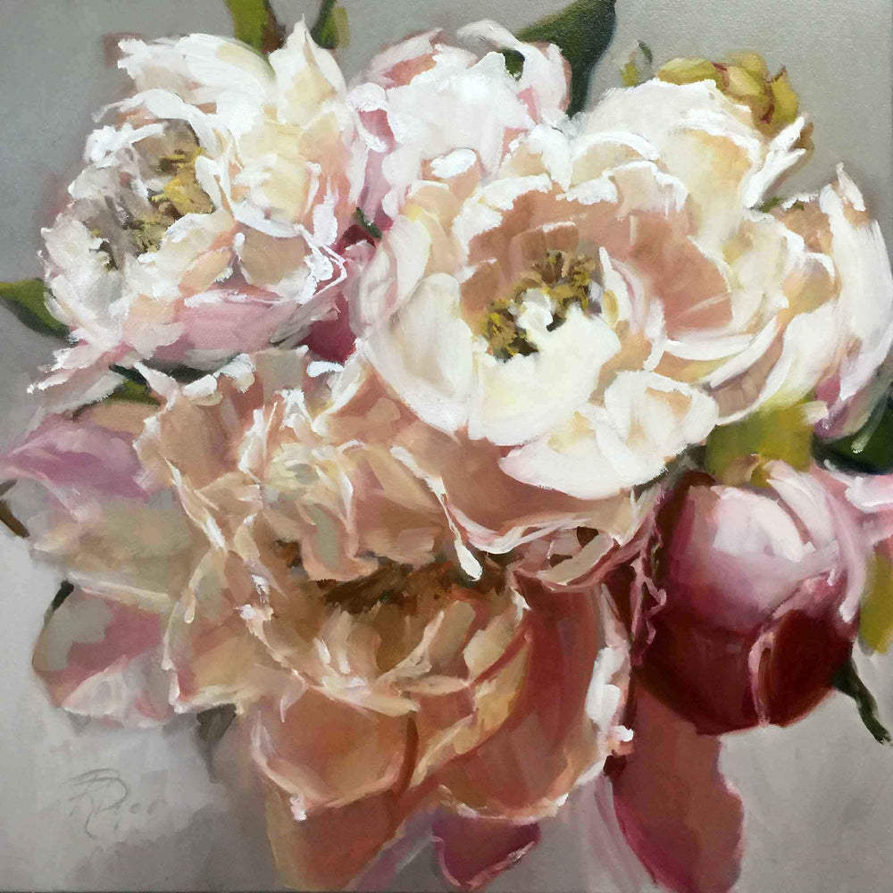 Soft, Pale Pink Peonies painting, 24"L x 24"W, oil on canvas artwork by Roxanne Dyer, room view. Elegant pink and cream peonies, subtle magenta accents, neutral ground, large blooms, delightfully modern take on a classic idea. For sale.