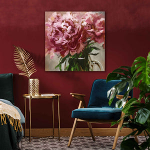 
                  
                    Load image into Gallery viewer, “Blushing Peonies″original painting by Roxanne Dyer, 30&amp;quot; x 30&amp;quot;, oil on canvas. Deep pink and magenta peonies with green foliage sit against a  reflective neutral ground; dramatic but soft take on a classic idea.  For sale.
                  
                