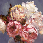 Elegant floral bouquet painting of luscious peonies and buds in a glass pitcher, by Roxanne Dyer. Original oil painting on canvas, 24" x 24". For sale. Beauty for Ashes Art Exhibition. Oct. '21, vibrant pink, peach, yellow, and white flowers with deep green accents on an elegant grey background. Modern, impressionistic.